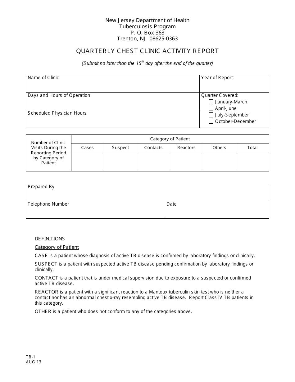 Form TB-1 Quarterly Chest Clinic Activity Report - New Jersey, Page 1