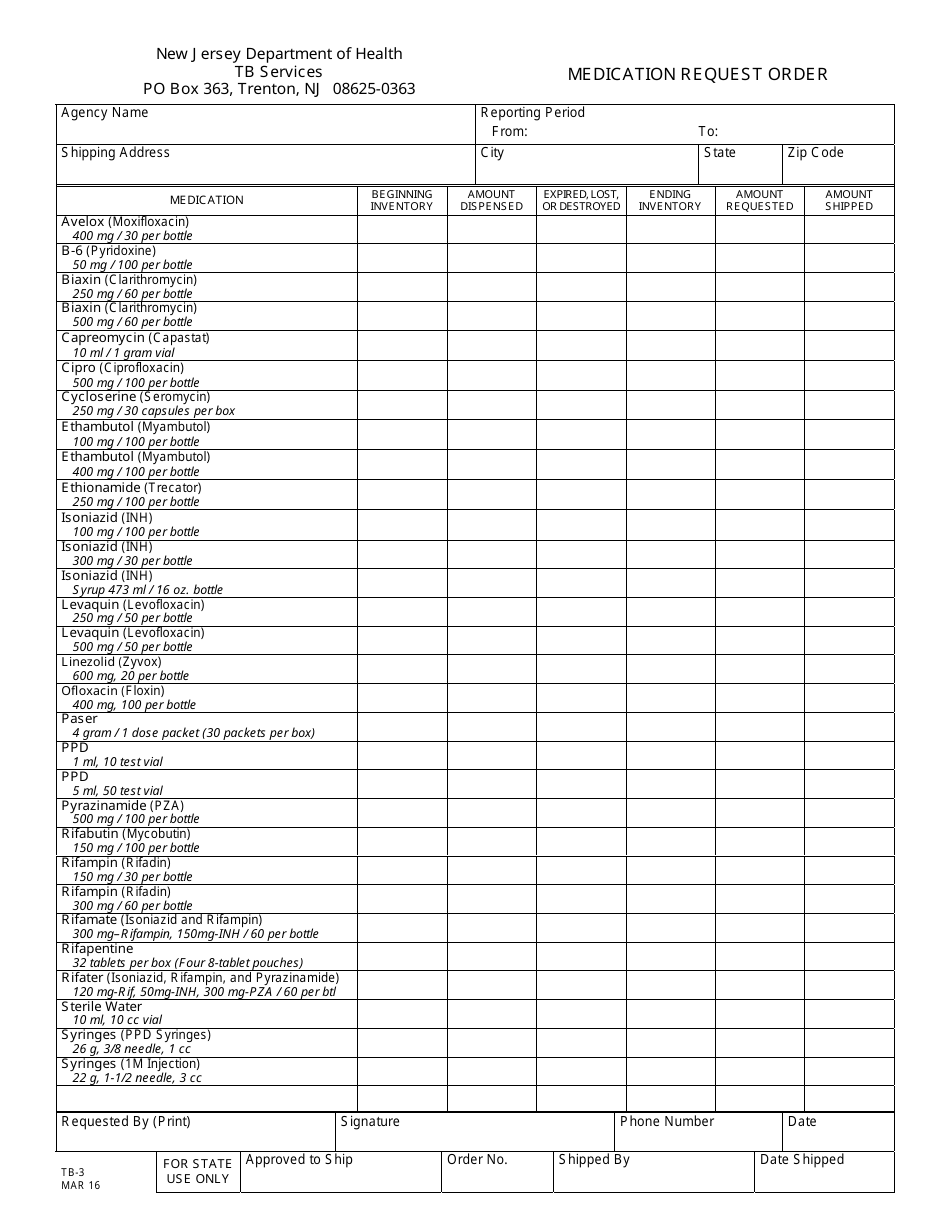 Form TB-3 Medication Request Order - New Jersey, Page 1