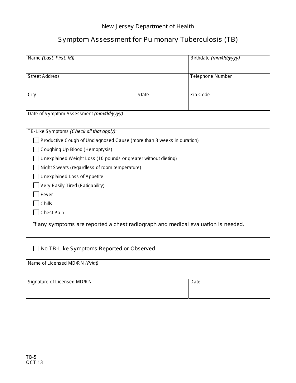 Form TB-5 Symptom Assessment for Pulmonary Tuberculosis (Tb) - New Jersey, Page 1