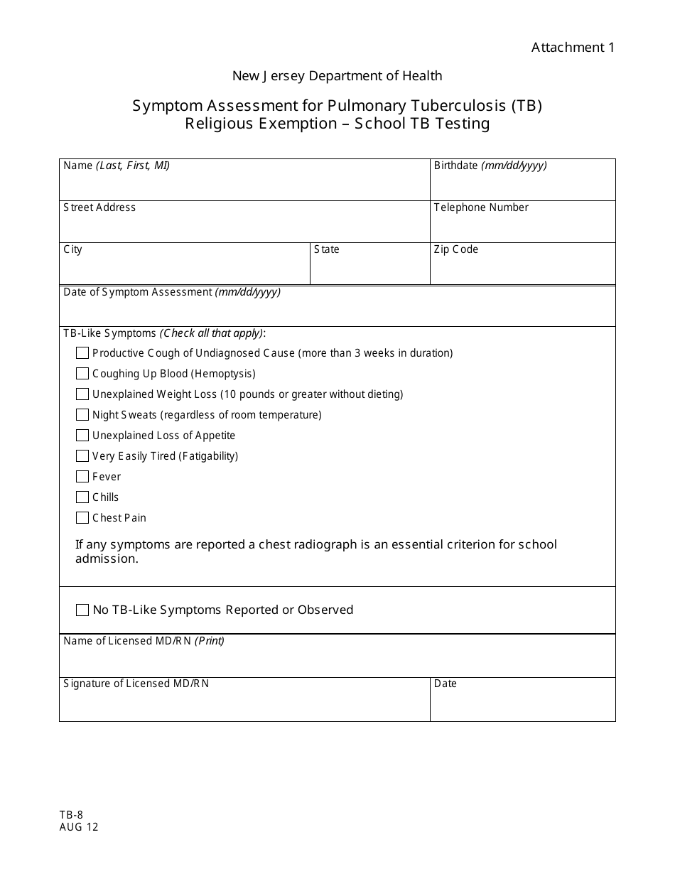 Form TB-8 Attachment 1 Symptom Assessment for Pulmonary Tuberculosis (Tb) Religious Exemption - School Tb Testing - New Jersey, Page 1