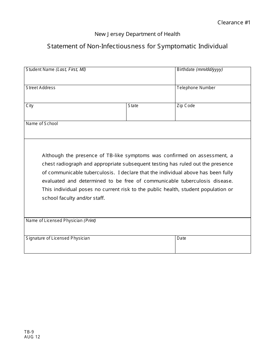 Form TB-9 Statement of Non-infectiousness for Symptomatic Individual - New Jersey, Page 1