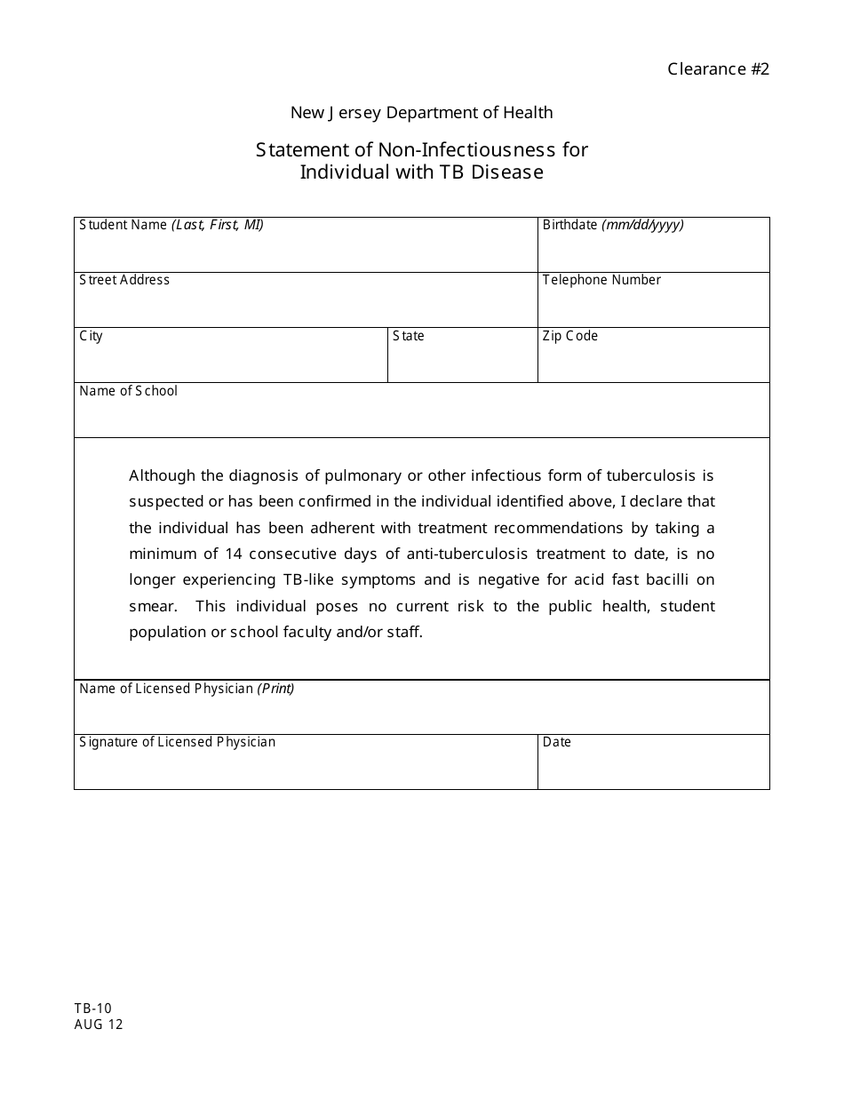 Form TB-10 Statement of Non-infectiousness for Individual With Tb Disease - New Jersey, Page 1