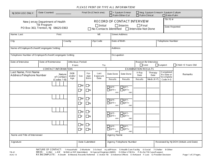 Form TB-41 Record of Contact Interview (Original + 1 Continuation Page) - New Jersey
