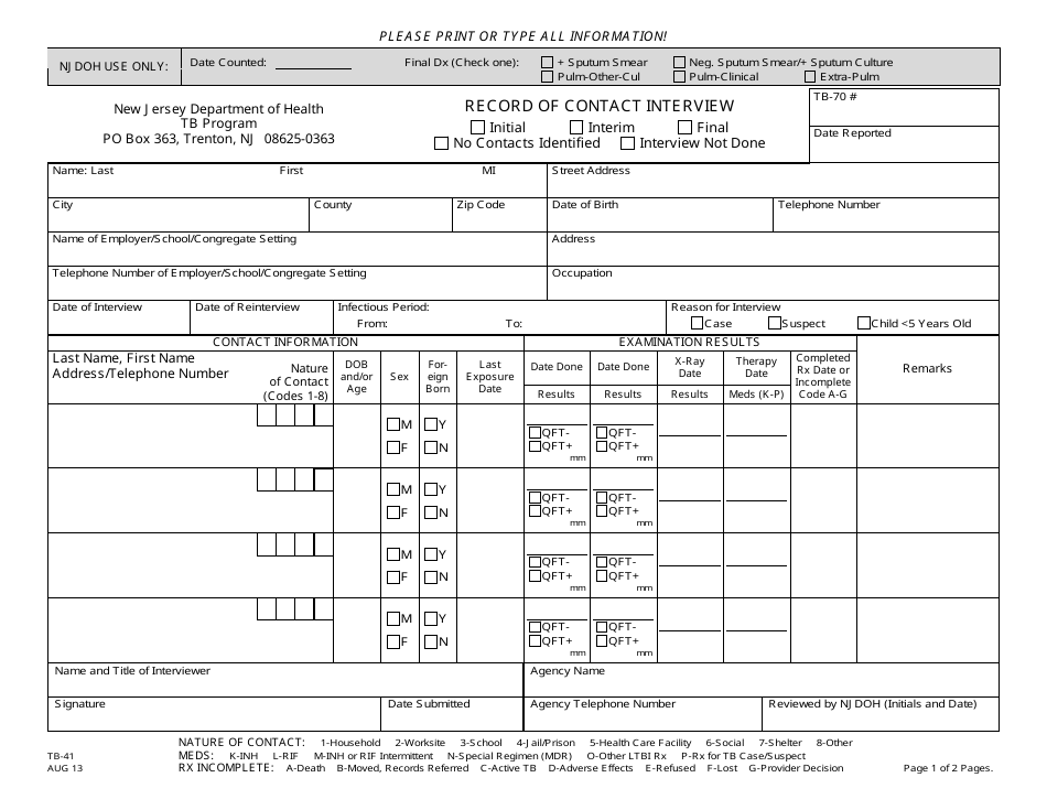 Form TB-41 Record of Contact Interview (Original + 1 Continuation Page) - New Jersey, Page 1