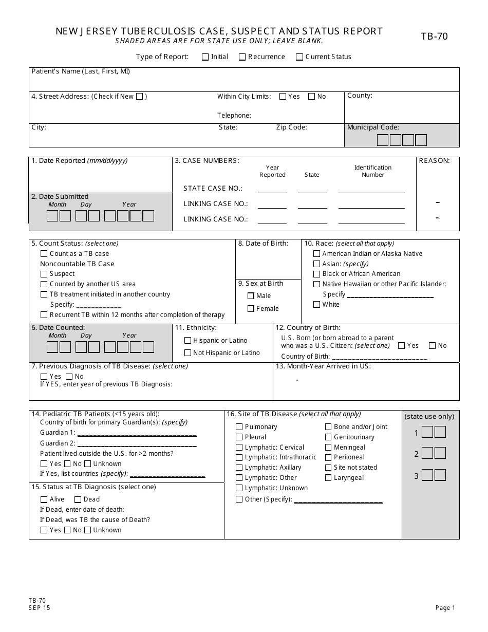 Form TB-70 New Jersey Tuberculosis Case, Suspect and Status Report - New Jersey, Page 1