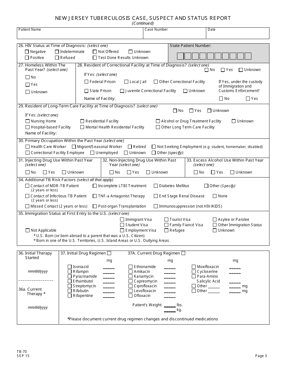 Form TB-70 New Jersey Tuberculosis Case, Suspect and Status Report - New Jersey, Page 3