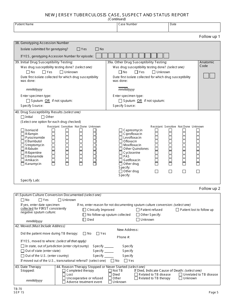 Form TB-70 New Jersey Tuberculosis Case, Suspect and Status Report - New Jersey, Page 5