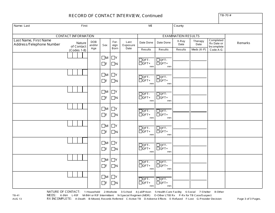 Form TB-41 Record of Contact Interview (Original + 2 Continuation Pages) - New Jersey, Page 3