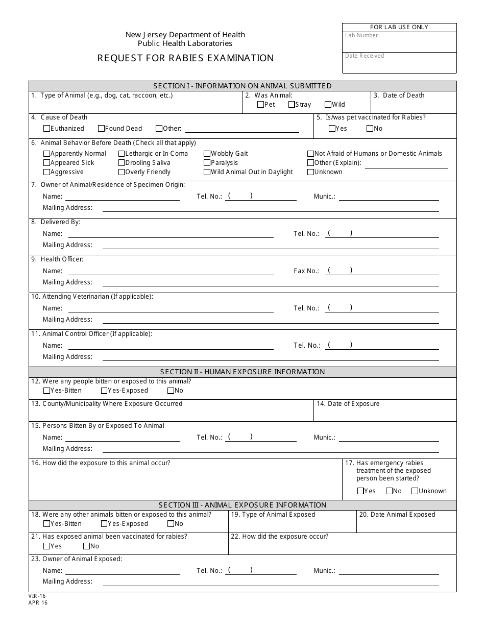 Form VIR-16 Request for Rabies Examination - New Jersey, Page 1