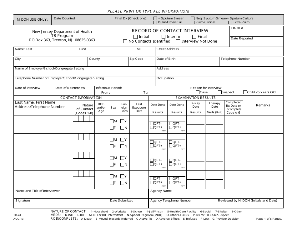 Form TB-41 Record of Contact Interview (Original + 5 Continuation Pages) - New Jersey, Page 1