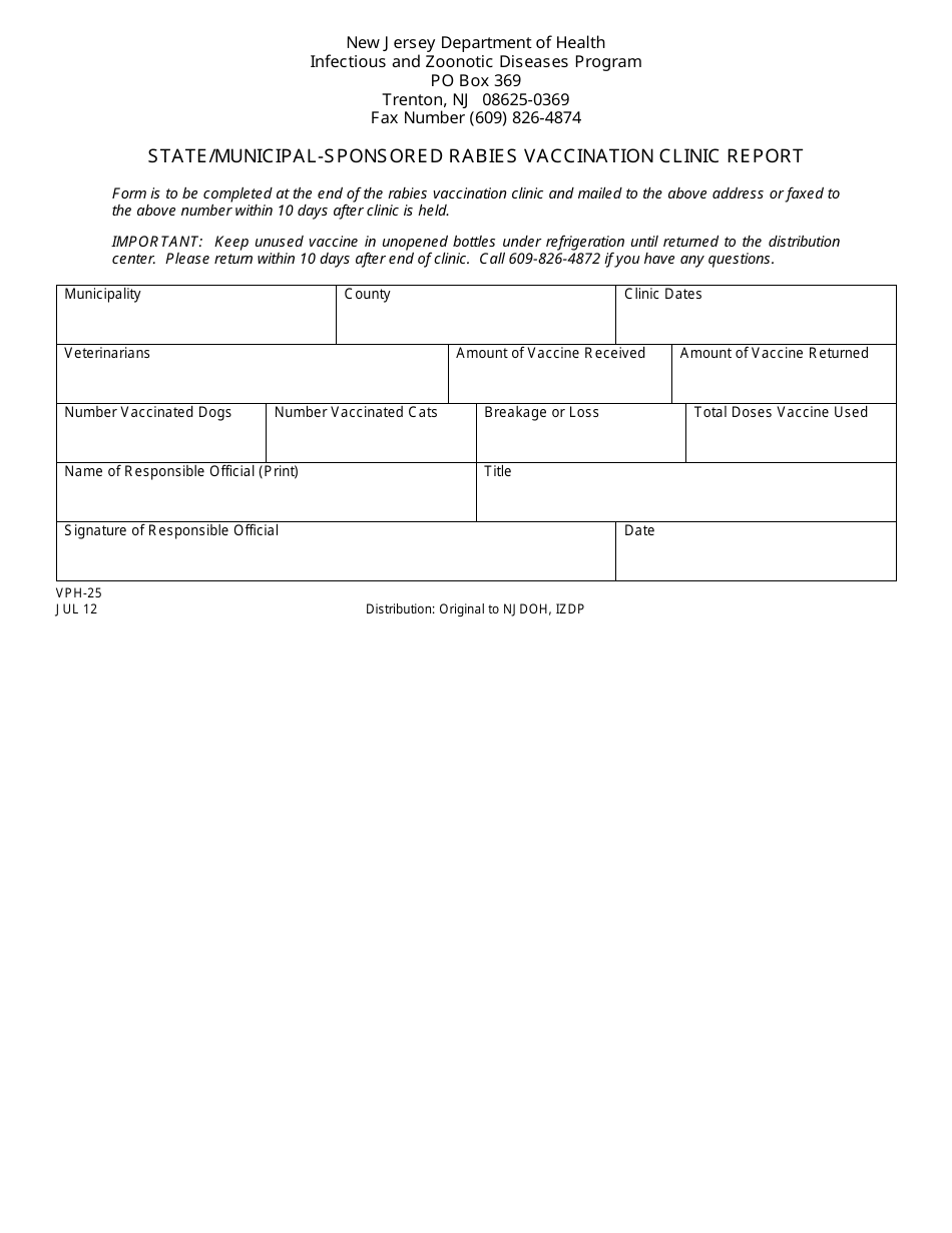 Form VPH-25 State / Municipal-Sponsored Rabies Vaccination Clinic Report - New Jersey, Page 1