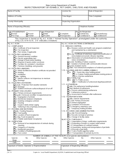 Form VPH-1 Inspection Report of Kennels, Pet Shops, Shelters, and Pounds - New Jersey