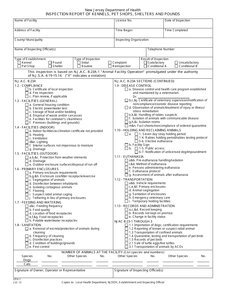 Form VPH-1 Inspection Report of Kennels, Pet Shops, Shelters, and Pounds - New Jersey, Page 1
