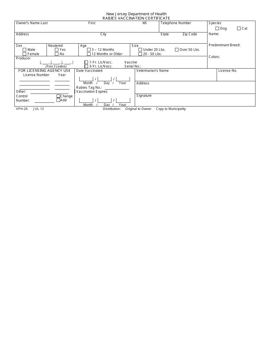 Form VPH-26 Rabies Vaccination Certificate - New Jersey, Page 1