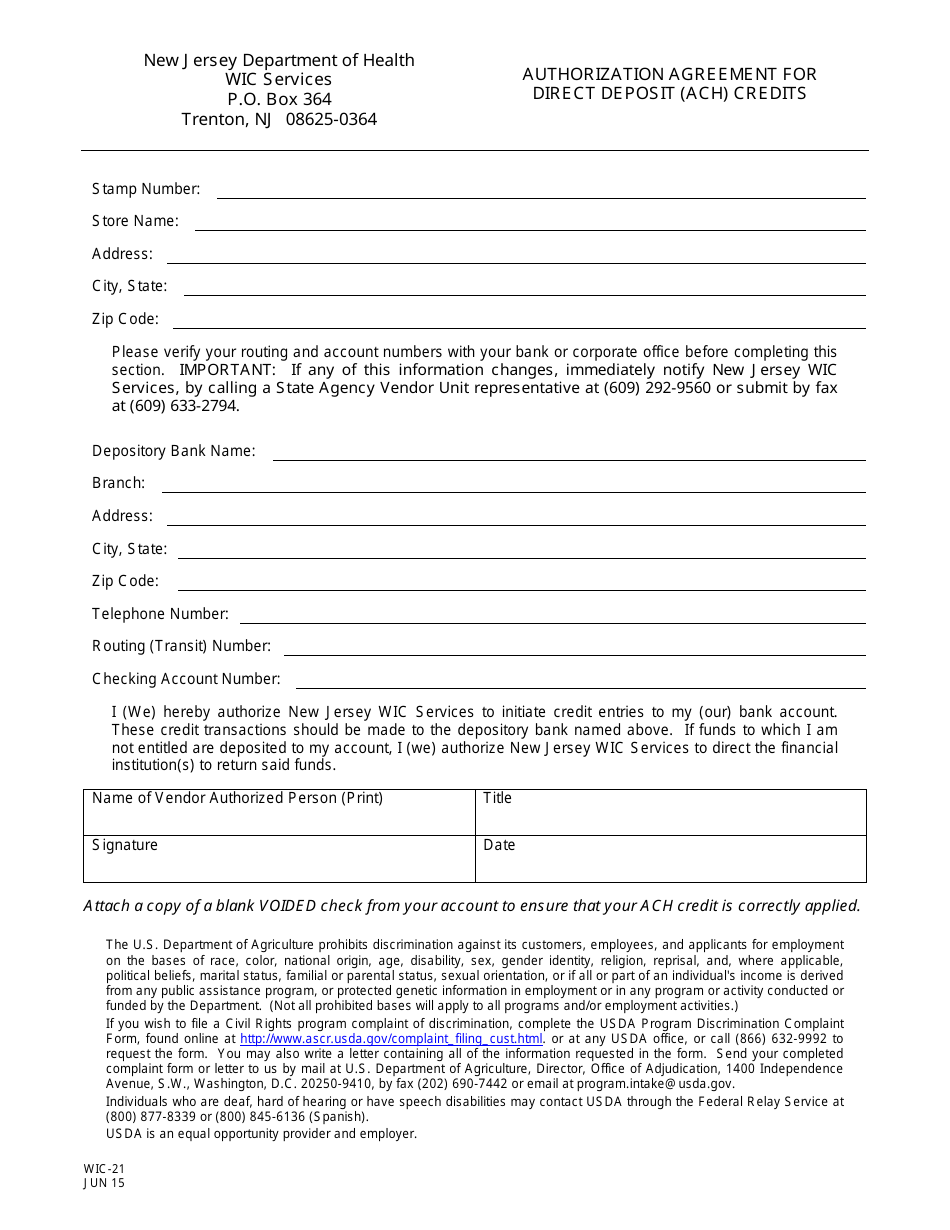 Form WIC-21 Authorization Agreement for Direct Deposit (ACH) Credits - New Jersey, Page 1