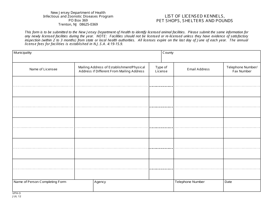 Form VPH-3 List of Licensed Kennels, Pet Shops, Shelters and Pounds - New Jersey, Page 1