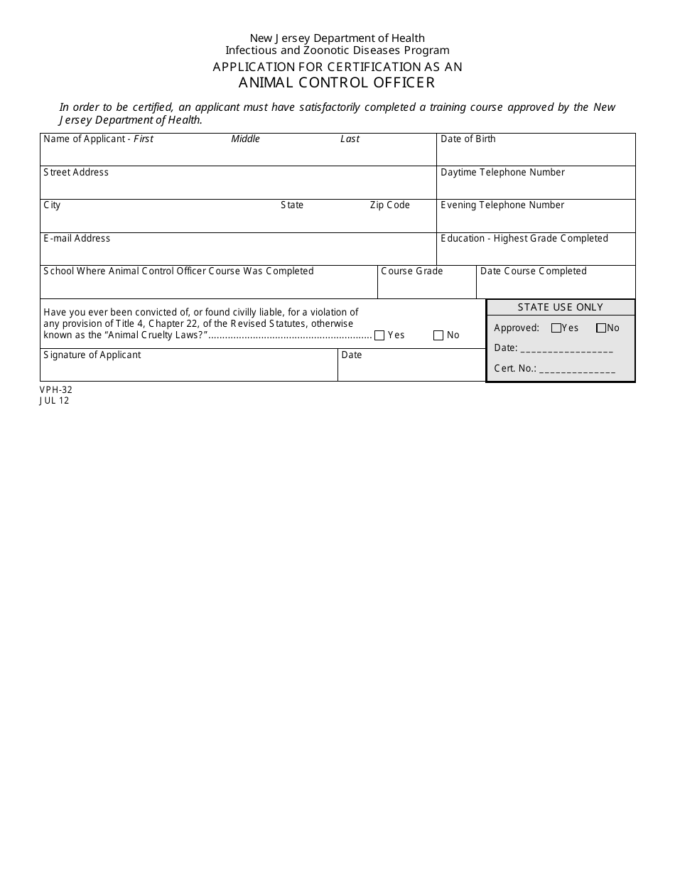 Form VPH-32 Application for Animal Control Officer Certification - New Jersey, Page 1
