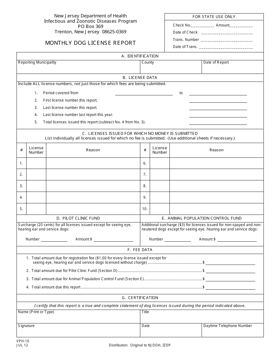 Form VPH-10 Monthly Dog License Report - New Jersey, Page 1