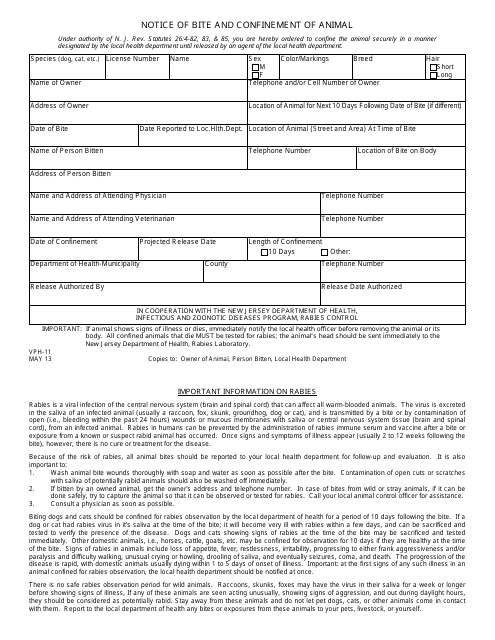 Form VPH-11 Notice of Animal Bite and Confinement - New Jersey