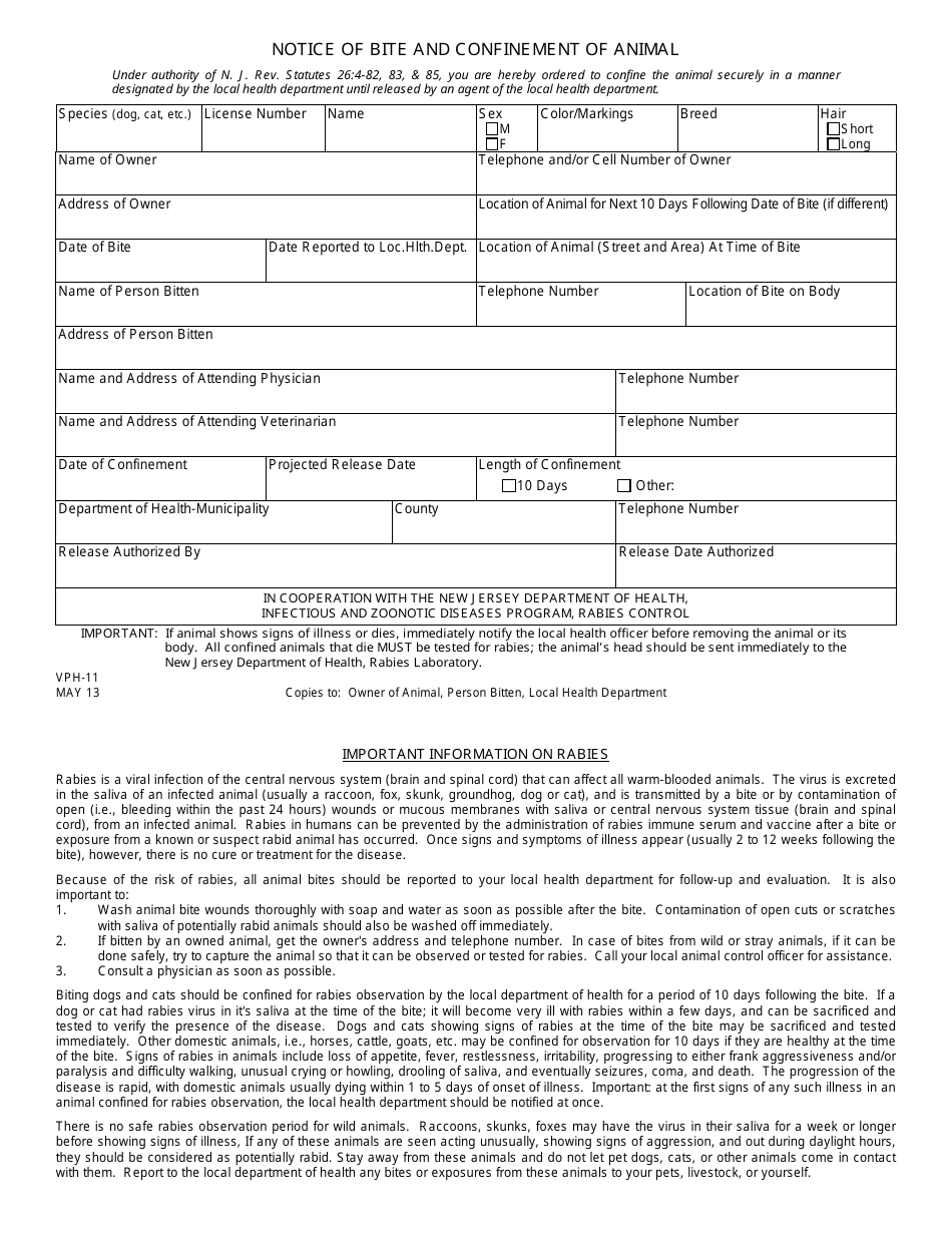 Form VPH-11 Notice of Animal Bite and Confinement - New Jersey, Page 1