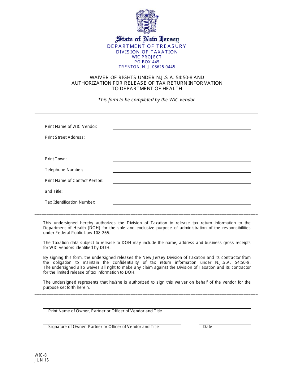 Form WIC-8 Waiver of Rights Under N.j.s.a. 54:50-8 and Authorization for Release of Tax Return Information to Department of Health - New Jersey, Page 1