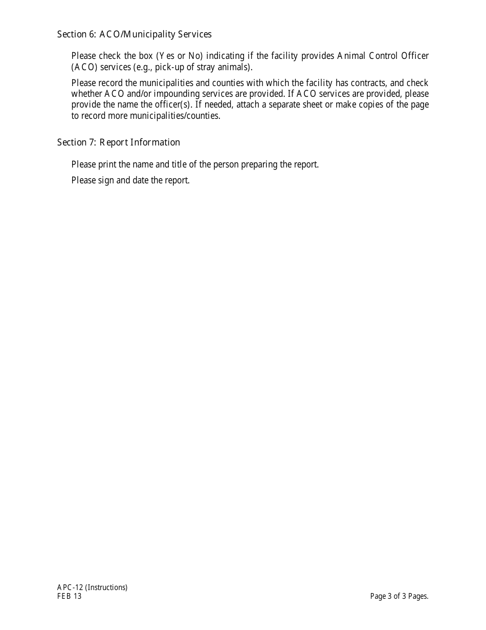 Instructions for Form APC-12 Shelter / Pound Annual Report - New Jersey, Page 3