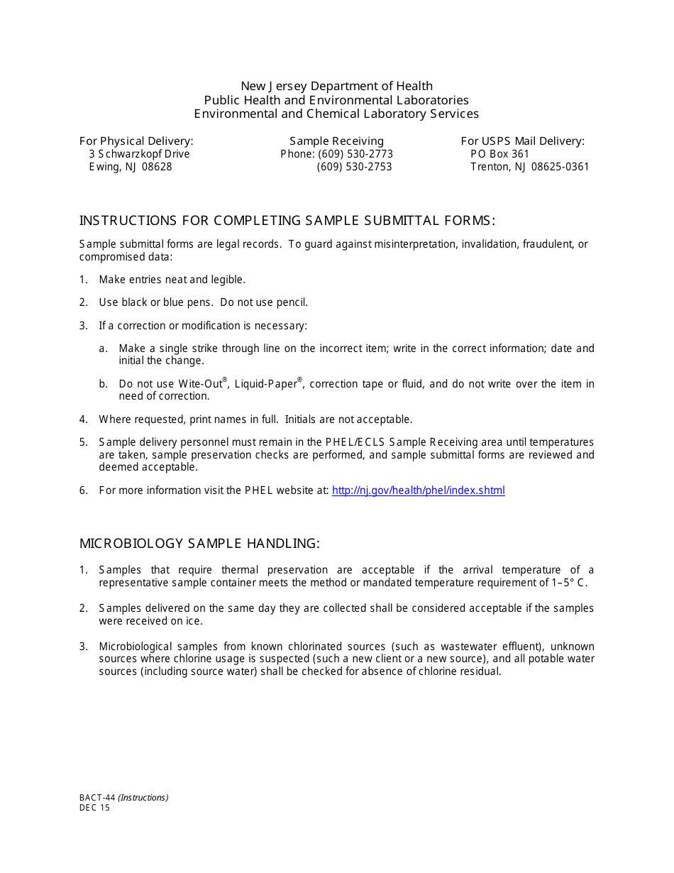 Instructions for Form BACT-44 Bacteriological Sample Submittal - New Jersey, Page 1