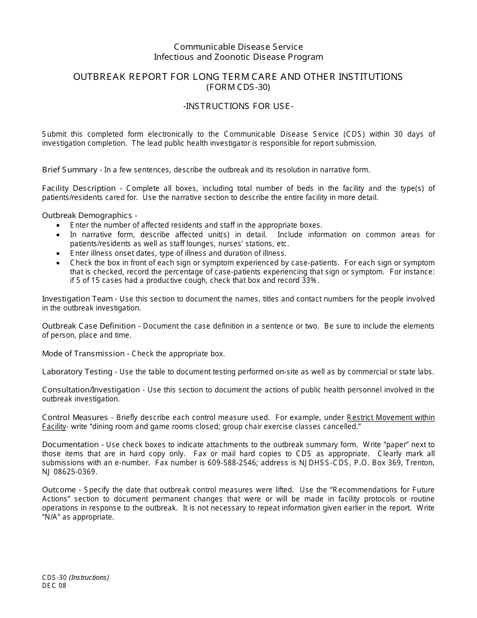 Instructions for Form CDS-30 Outbreak Report for Long Term Care and Other Institutions - New Jersey, Page 1