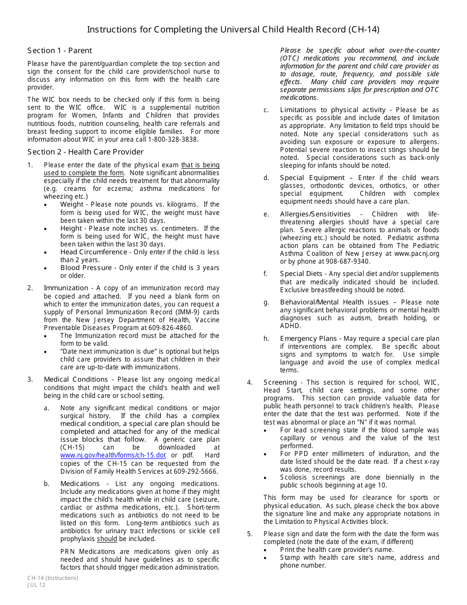 Instructions for Form CH-14 Universal Child Health Record - New Jersey, Page 1