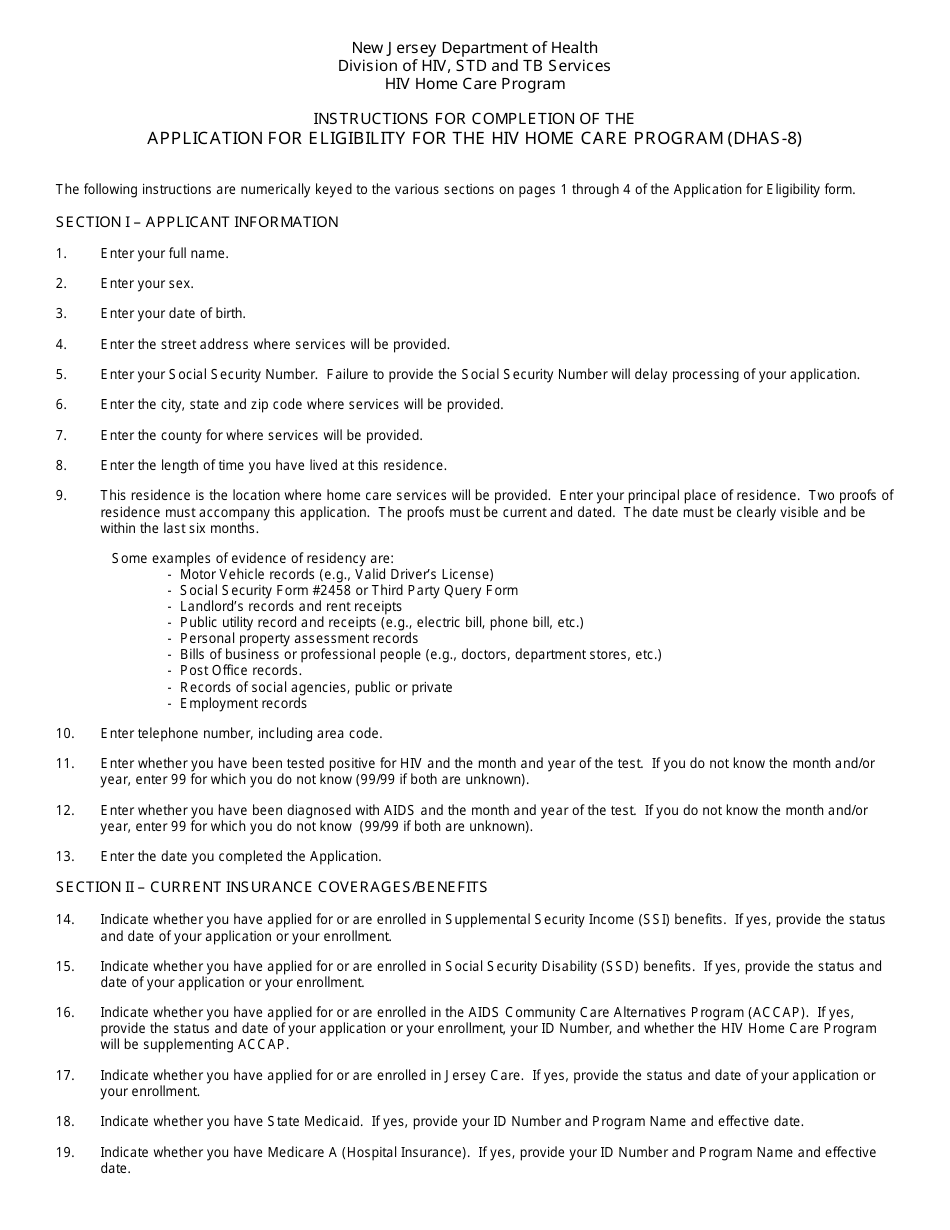 Instructions for Form DHAS-8 Application for Eligibility for the HIV Home Care Program - New Jersey, Page 1