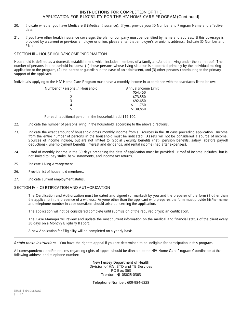 Instructions for Form DHAS-8 Application for Eligibility for the HIV Home Care Program - New Jersey, Page 2