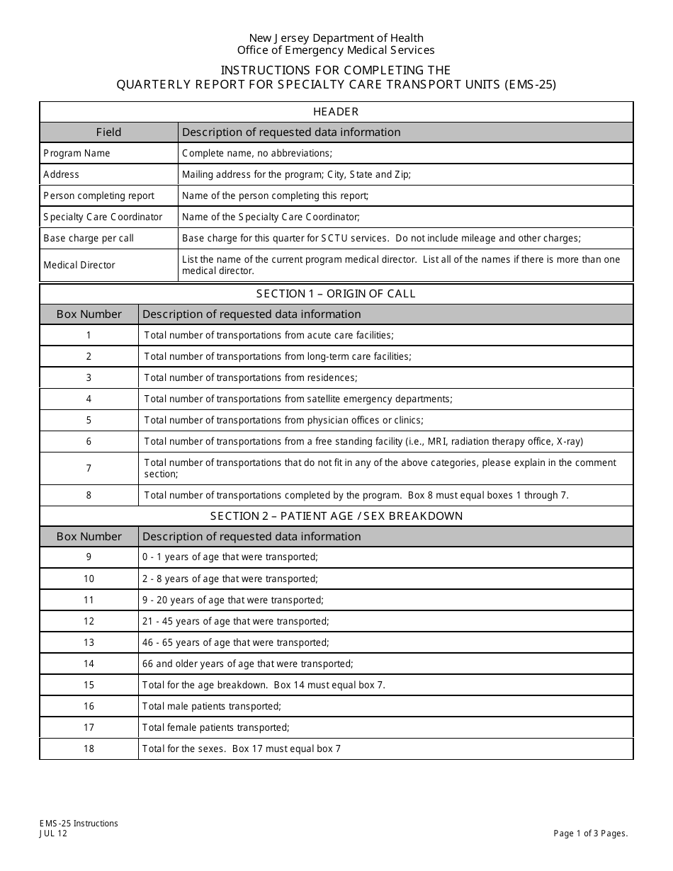 Instructions for Form EMS-25 Quarterly Report of Specialty Care Transport Units - New Jersey, Page 1