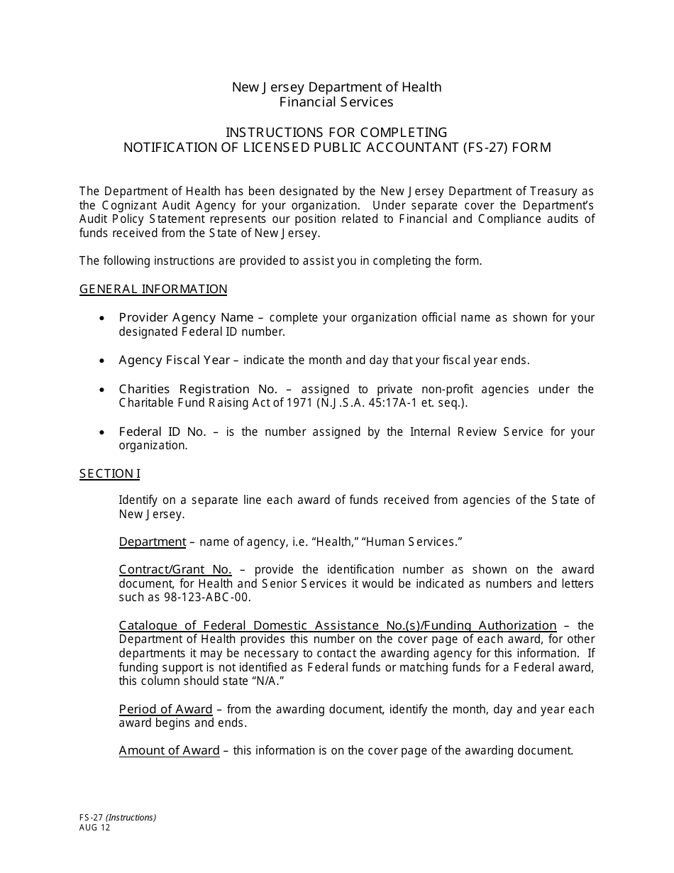 Instructions for Form FS-27 Notification of Licensed Public Accountant - New Jersey, Page 1