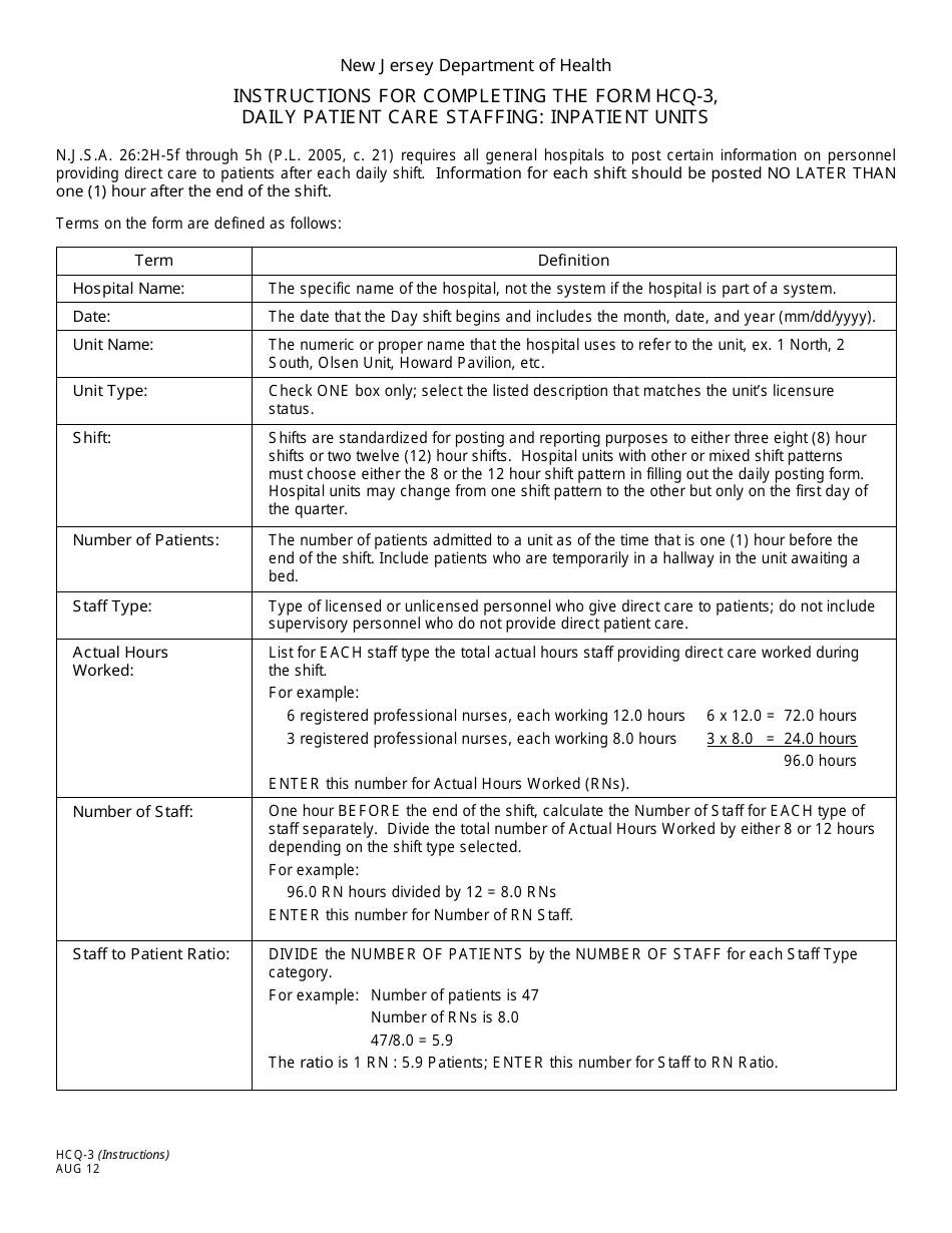 Instructions for Form HCQ-3 Daily Patient Care Staffing: Inpatient Units - New Jersey, Page 1