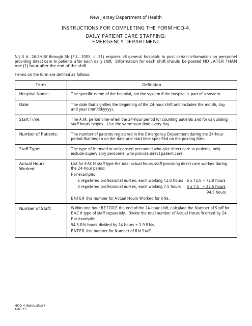 Instructions for Form HCQ-4 Daily Patient Care Staffing: Emergency Department - New Jersey