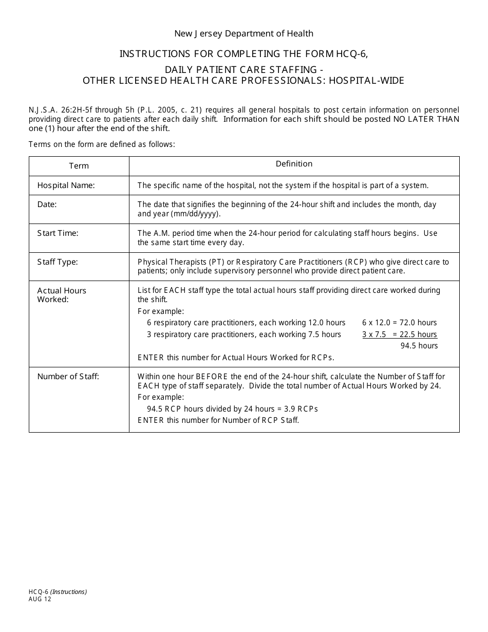 Instructions for Form HCQ-6 Daily Patient Care Staffing-Other Licensed Health Care Professionals: Hospital-Wide - New Jersey, Page 1