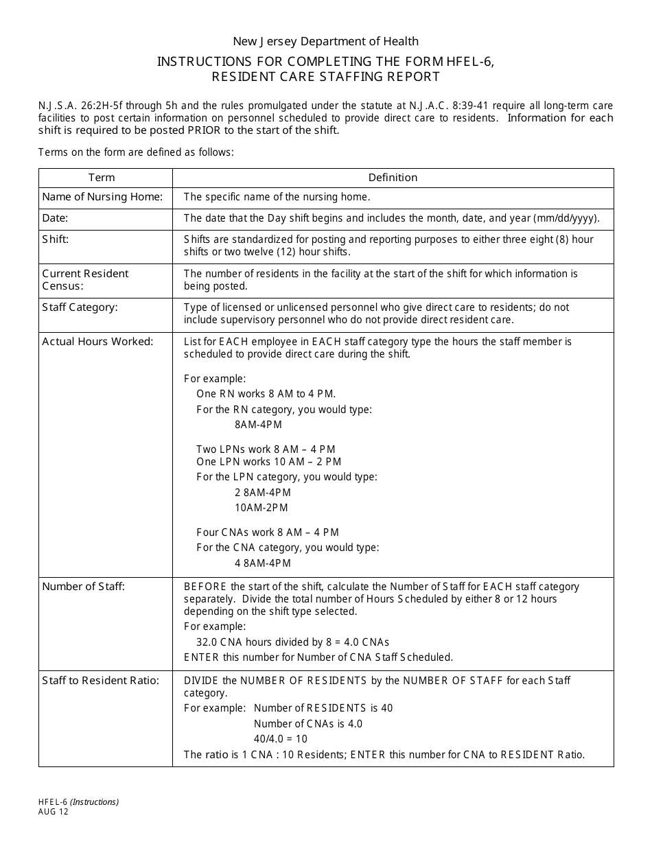 Instructions for Form HFEL-6 Resident Care Staffing Report - New Jersey, Page 1