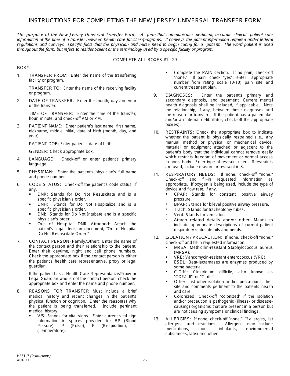 Instructions for Form HFEL-7 New Jersey Universal Transfer Form - New Jersey, Page 1