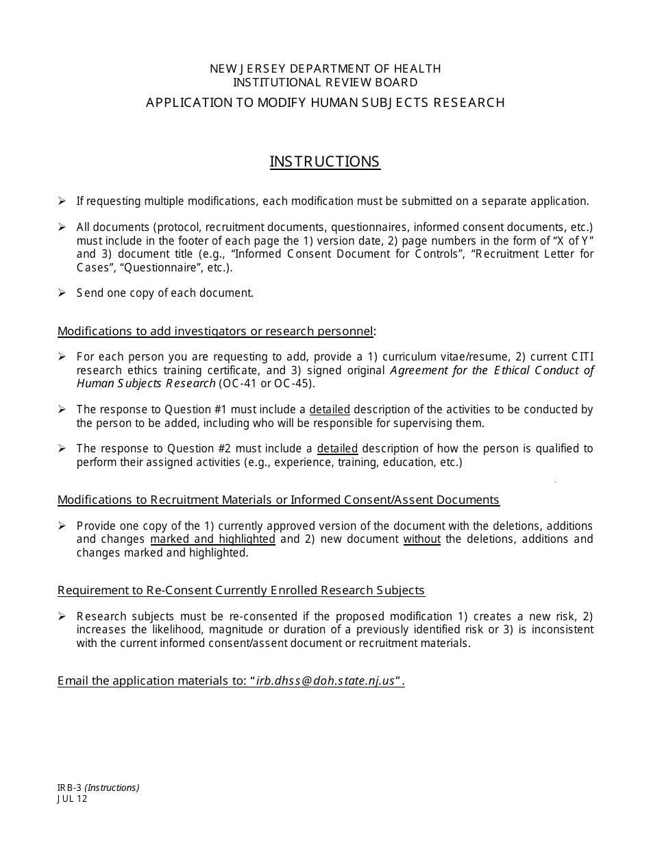 Instructions for Form IRB-3 Application to Modify Human Subjects Research - New Jersey, Page 1