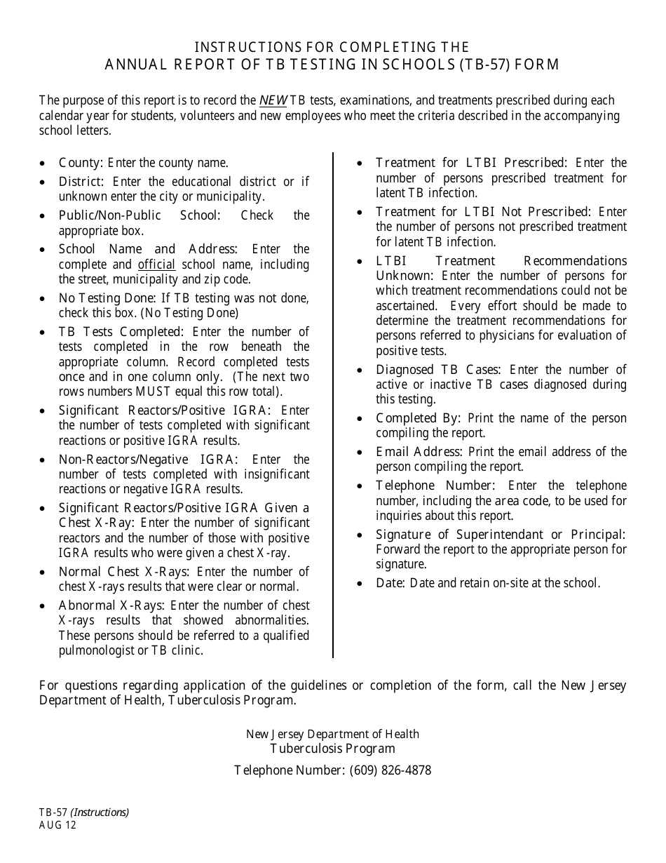 Instructions for Form TB-57 Annual Report of Tb Testing in Schools - New Jersey, Page 1