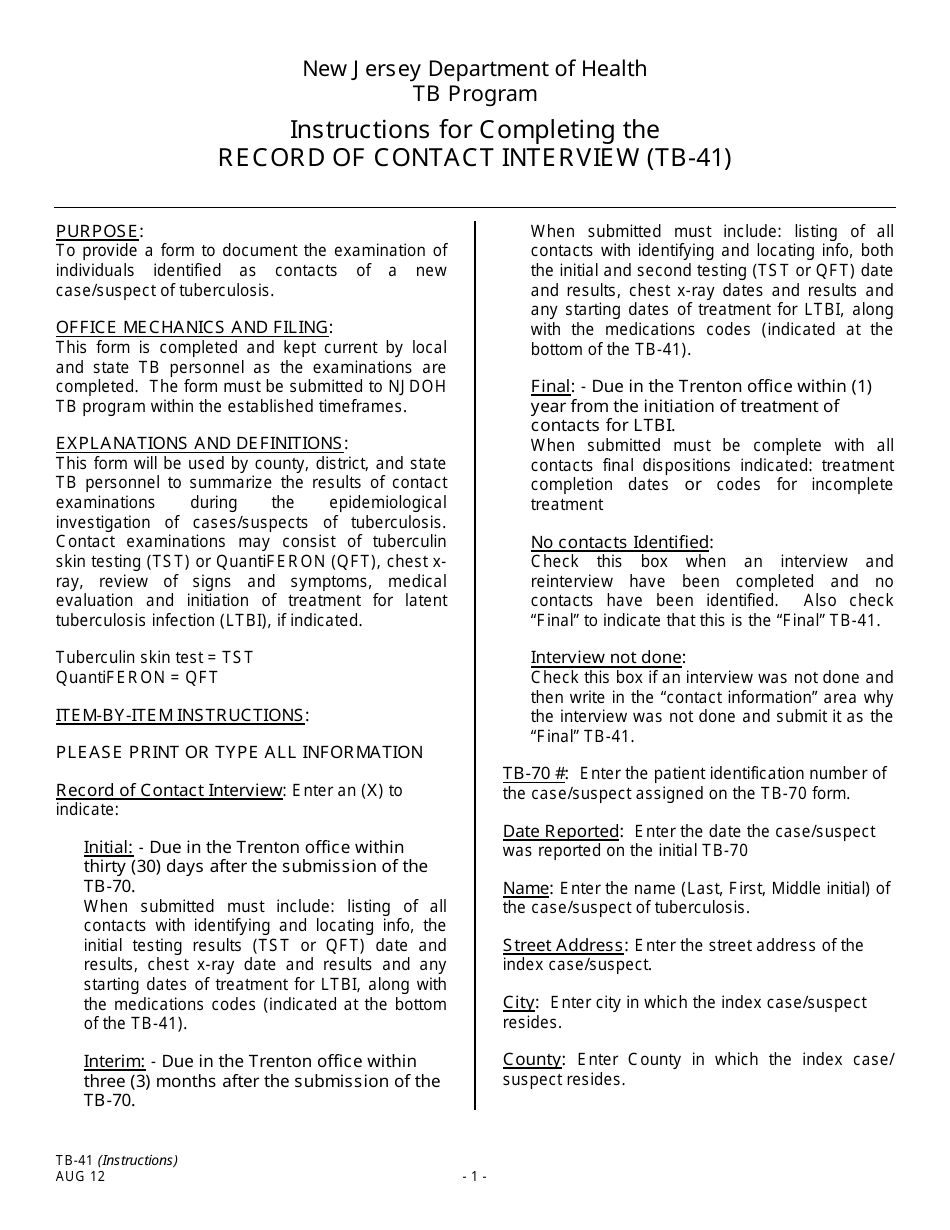 Instructions for Form TB-41 Record of Contact Interview - New Jersey, Page 1