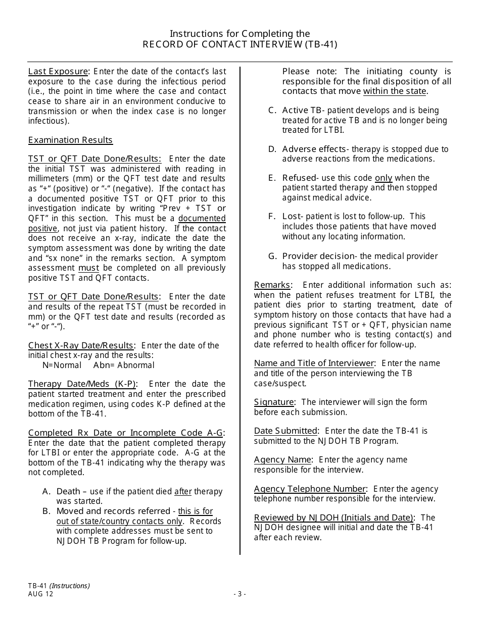 Instructions for Form TB-41 Record of Contact Interview - New Jersey, Page 3