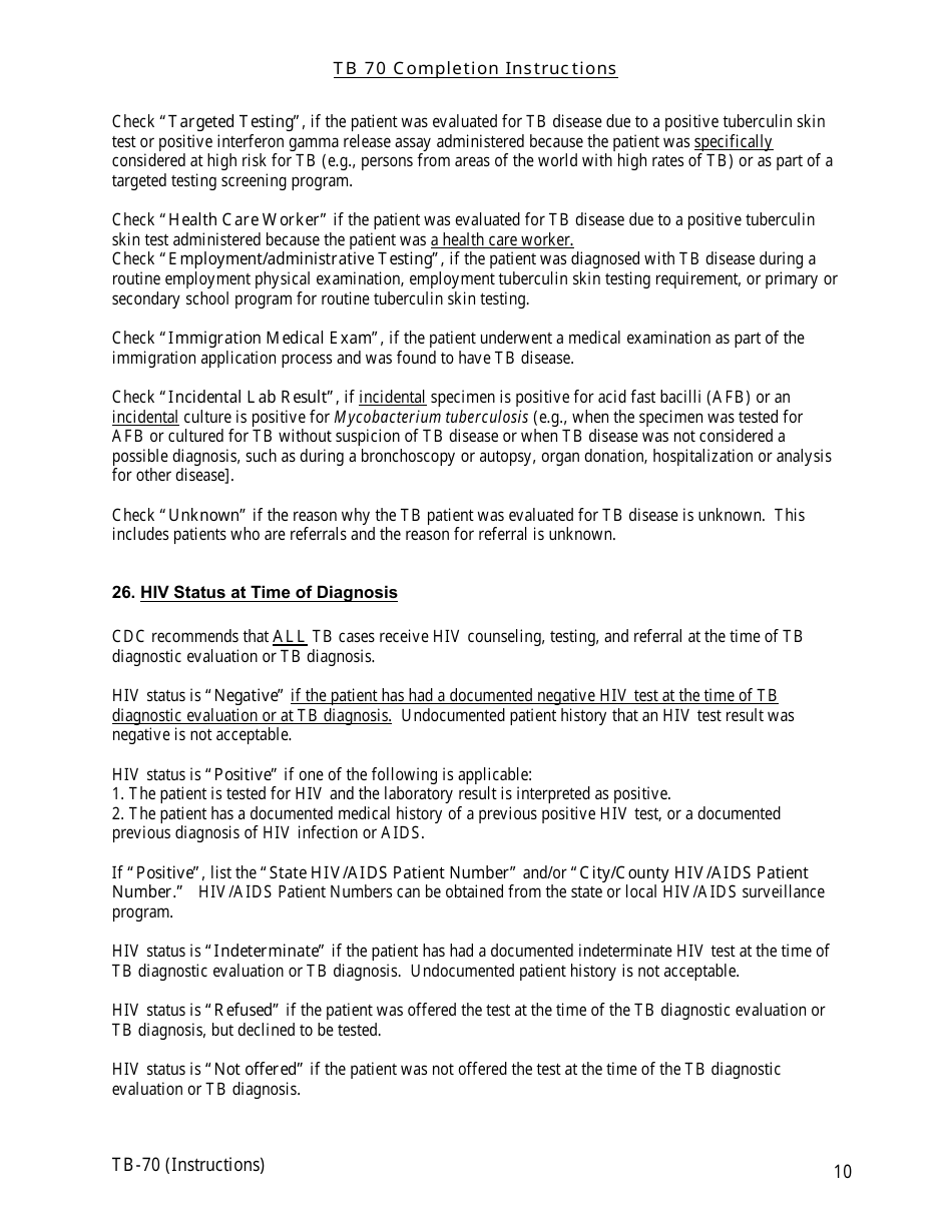 Instructions for Form TB-70 New Jersey Tuberculosis Case, Suspect and Status Report - New Jersey, Page 10