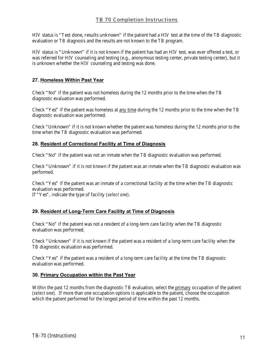 Instructions for Form TB-70 New Jersey Tuberculosis Case, Suspect and Status Report - New Jersey, Page 11