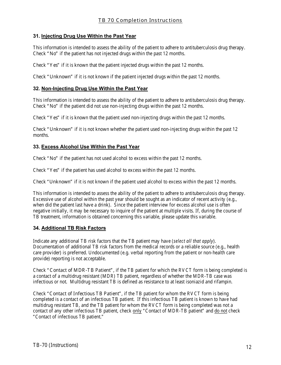 Instructions for Form TB-70 New Jersey Tuberculosis Case, Suspect and Status Report - New Jersey, Page 12