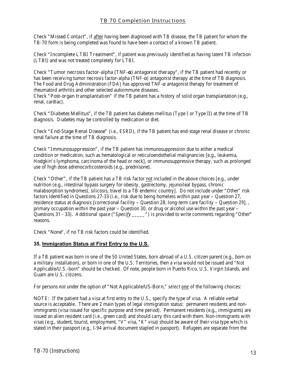Instructions for Form TB-70 New Jersey Tuberculosis Case, Suspect and Status Report - New Jersey, Page 13
