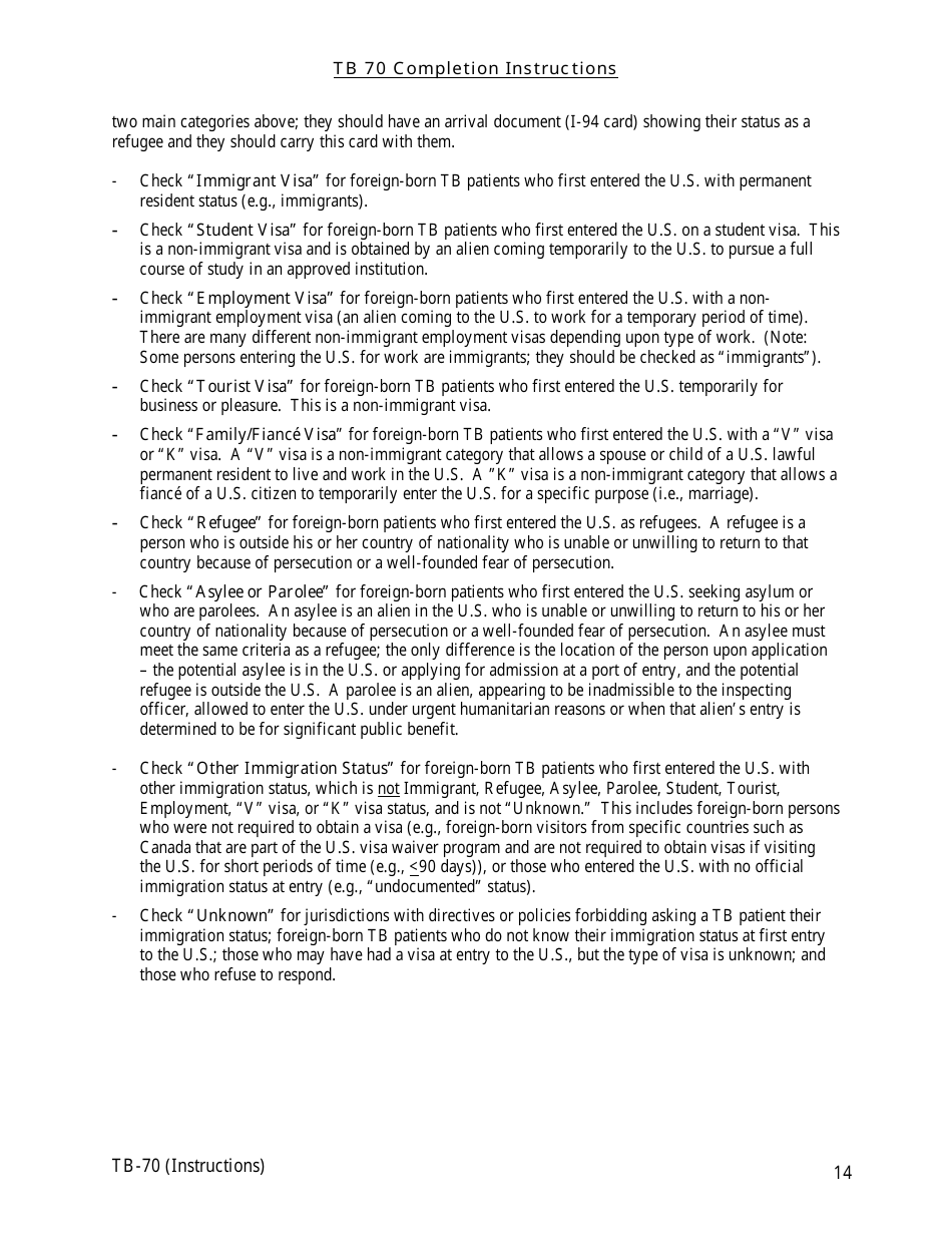 Instructions for Form TB-70 New Jersey Tuberculosis Case, Suspect and Status Report - New Jersey, Page 14