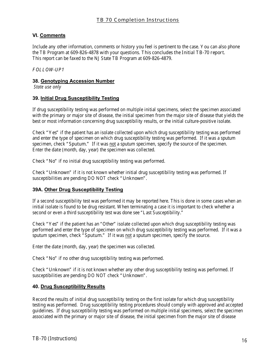 Instructions for Form TB-70 New Jersey Tuberculosis Case, Suspect and Status Report - New Jersey, Page 16