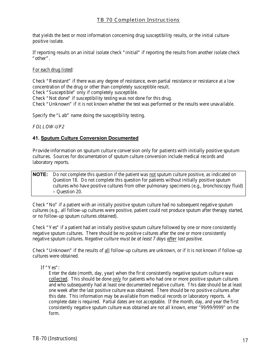 Instructions for Form TB-70 New Jersey Tuberculosis Case, Suspect and Status Report - New Jersey, Page 17