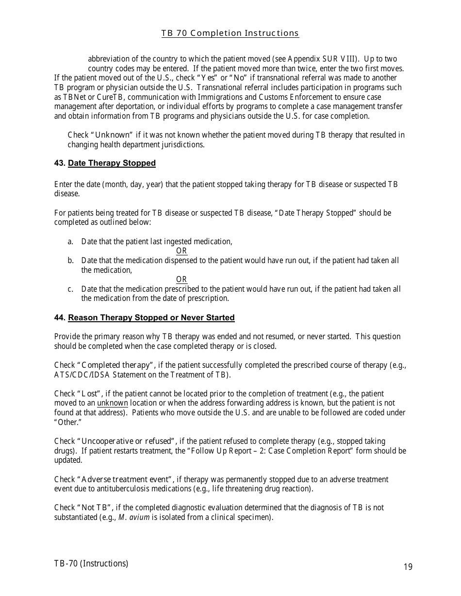 Instructions for Form TB-70 New Jersey Tuberculosis Case, Suspect and Status Report - New Jersey, Page 19
